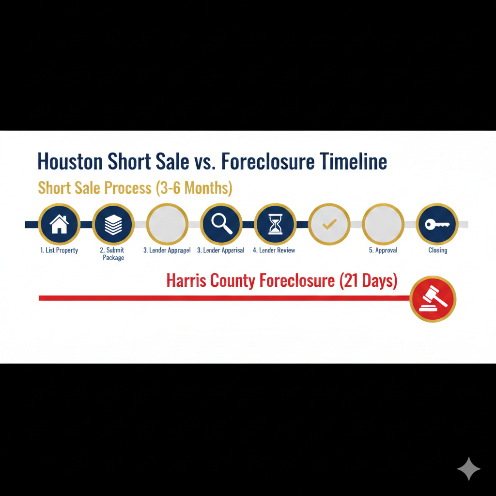 Top 5 Signs a Short Sale Is the Right Option for Your Houston Home: Infographic comparing the 3-6 month Houston short sale process to the fast 21-day foreclosure timeline.