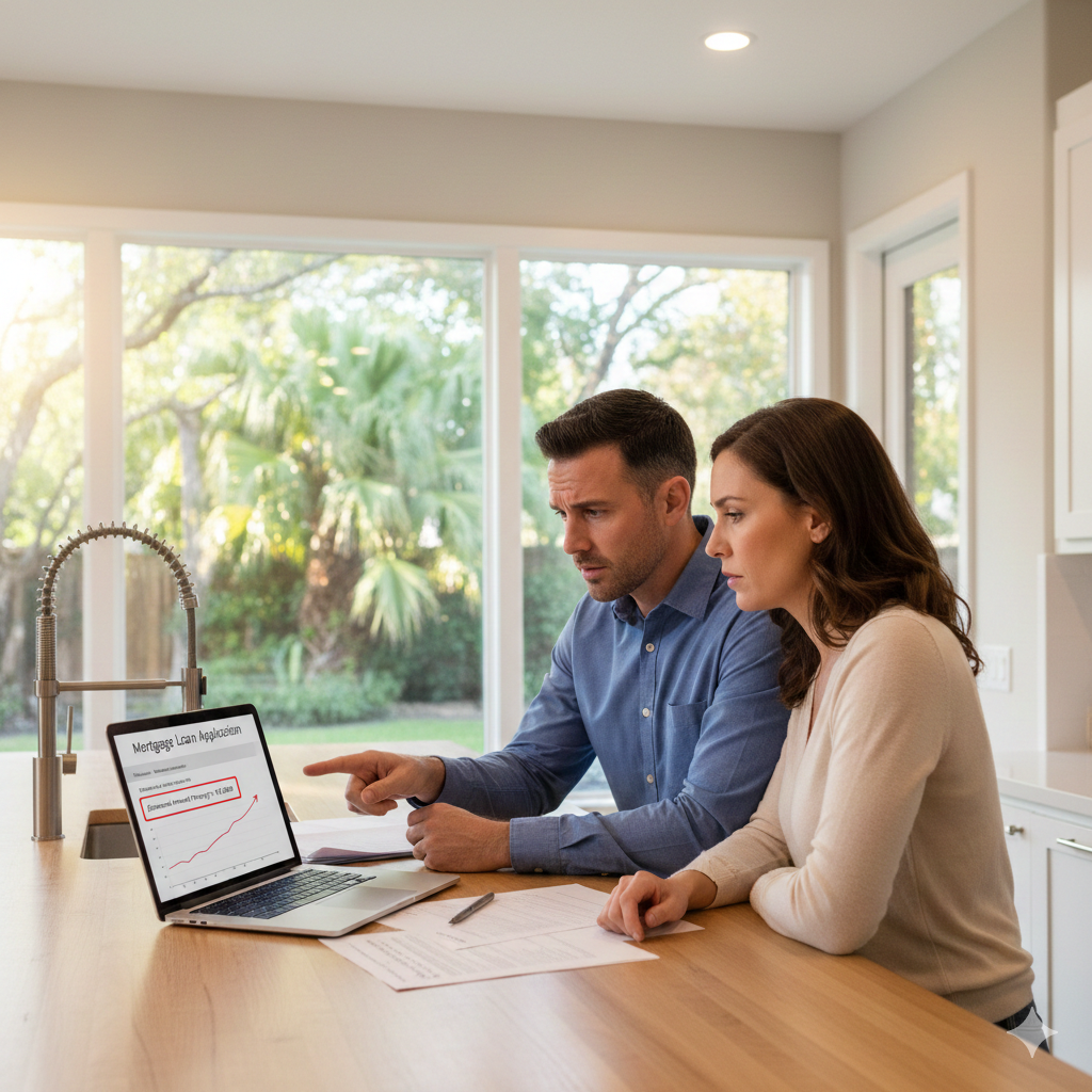 What Hurts Your Chances of Getting a Mortgage in Houston?  Concerned Houston couple reviews high property tax figures on a mortgage application, highlighting local home buying challenges.