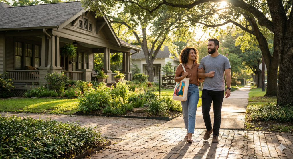 Your Home Sold Guaranteed Realty - Chris Schmidt Team - What Are the Pros and Cons of Living in Montrose, Houston?  Stylish couple enjoying a walk down a sun-dappled, tree-lined street, showcasing the beautiful historic bungalows of the Montrose neighborhood in Houston