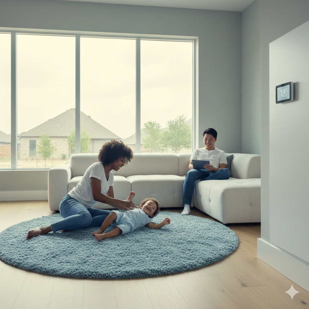 Which New Build Energy Efficiency Features Provide the Greatest Savings in Houston?
A Houston family enjoys their cool, comfortable living room, a benefit of energy efficiency features in their new build home.