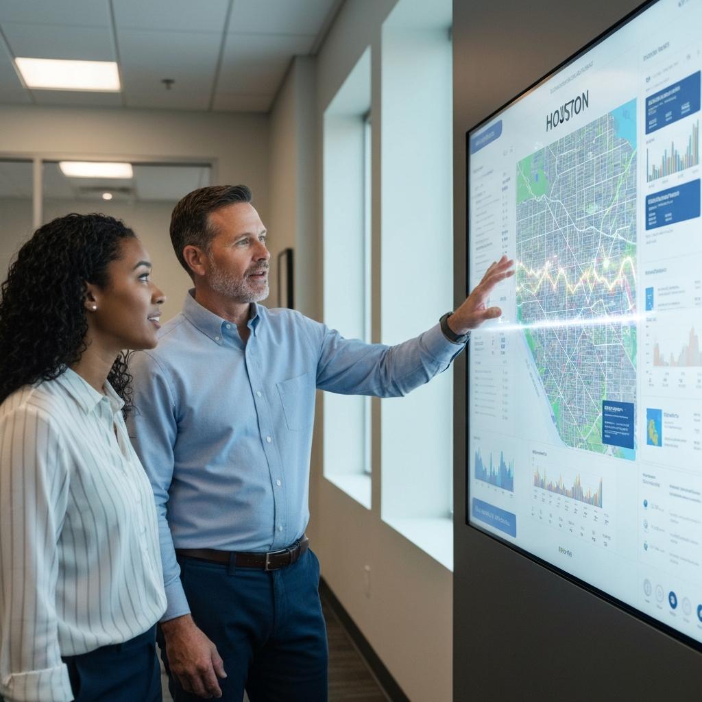 Your Home Sold Guaranteed Realty - Chris Schmidt Team. What Are the Average Home Prices in Houston? Knowledgeable Houston real estate expert explaining average home prices using a digital market data map in his modern office.