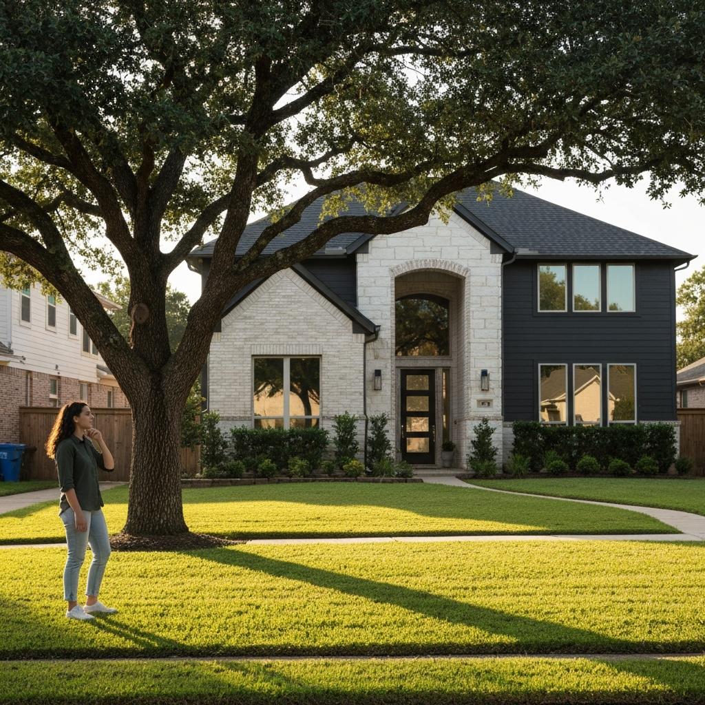 Your Home Sold Guaranteed Realty - Chris Schmidt Team. What Are the Average Home Prices in Houston? Modern single-family home representing average home prices in Houston, with a young couple viewing it from the sidewalk during a sunny Texas evening.