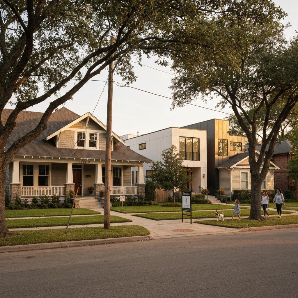 What Are the Average Property Prices in Greater Heights? A beautiful tree-lined street showing the average property prices in Greater Heights, with a classic bungalow next to a modern home in Houston.