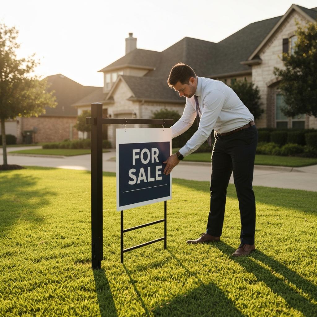 Best Day to List Your Houston Home for Maximum First-Week Activity Professional real estate agent placing a modern 'For Sale' sign in a lush lawn, illustrating the best day to list your Houston home for success.