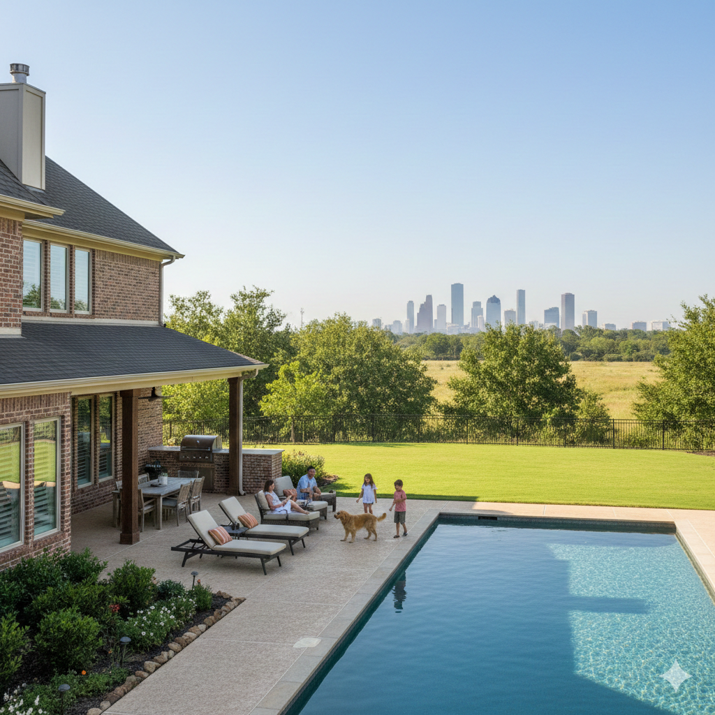 Your Home Sold Guaranteed Realty - Chris Schmidt Team Will 2026 Be a Good Time To Buy a House in Katy TX?  A Katy, TX family enjoys their backyard, with the Energy Corridor skyline symbolizing economic stability for the 2026 housing market.
