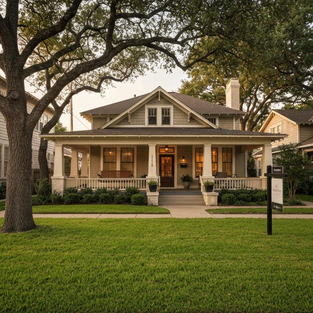 What Is the Current Inventory and Days on Market for Homes in Greater Heights Houston Charming historic craftsman bungalow with a welcoming front porch, representing the desirable real estate inventory in Greater Heights, Houston.
