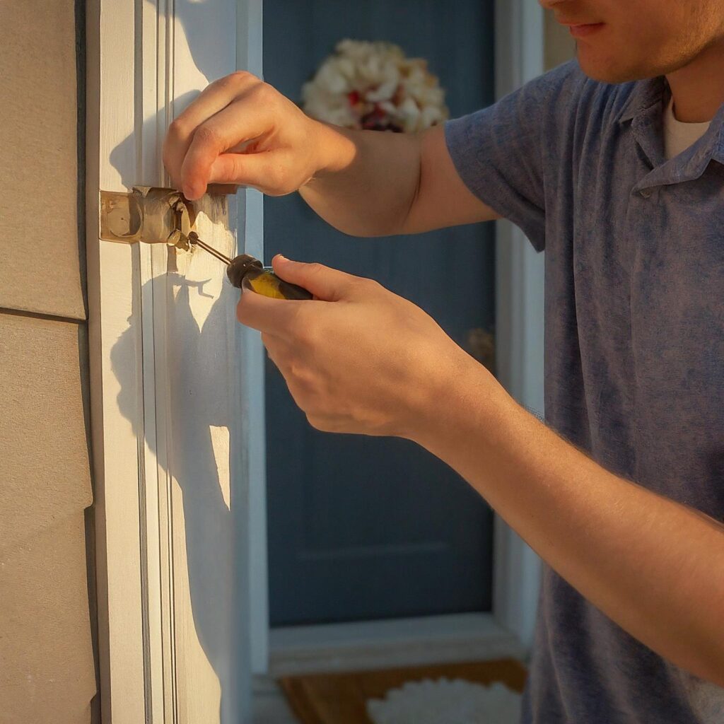 Your Home Sold Guaranteed Realty - Chris Schmidt Team - What Maintenance Priorities Should You Address Immediately After Closing? New homeowner addresses home maintenance priorities by carefully changing the front door lock with a screwdriver on his recently purchased Houston home.