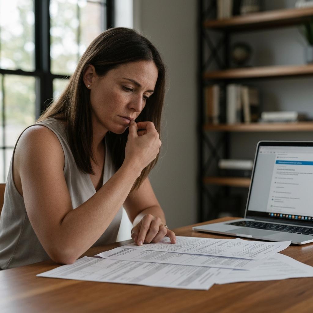 Focused Houston homeowner researching the sale price history of her home by examining official Harris County deed records on her modern office desk.