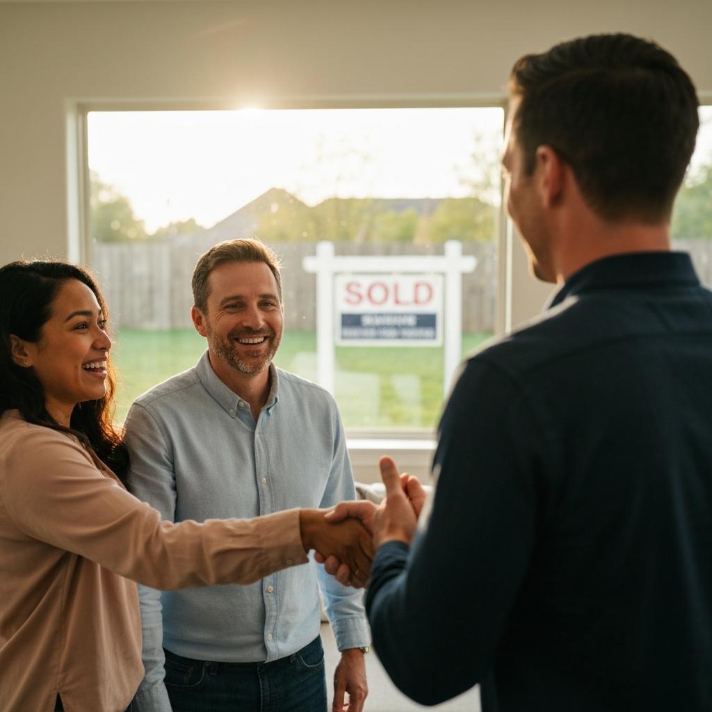 How Many Showings Before an Offer on Your Home? Relieved Houston homeowners shaking hands with their realtor after learning how many home showings before an offer were needed to sell their house.
