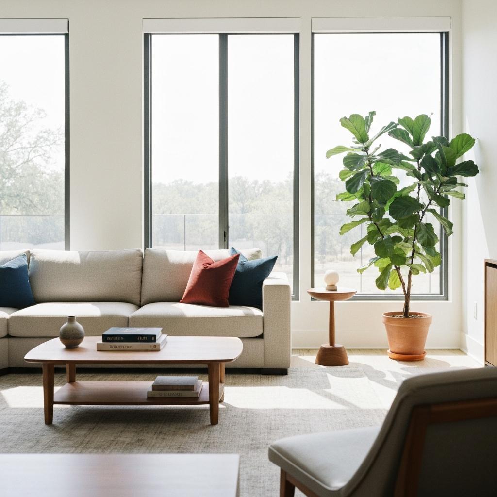 Sunlit modern living room showcasing the value of professional home staging in Houston, with neutral contemporary furniture and a spacious layout.