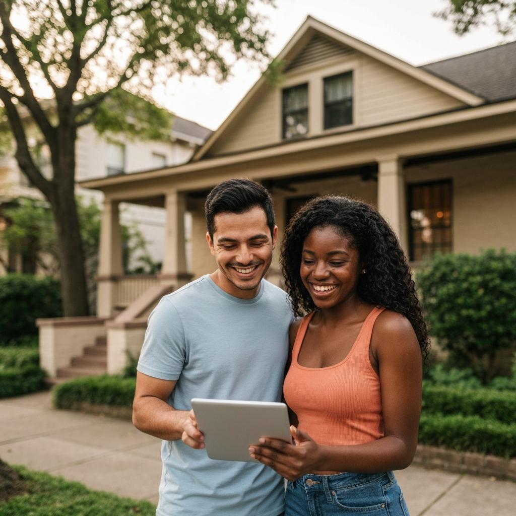 Your Home Sold Guaranteed Realty - Chris Schmidt Team - Will Home Prices Go Up or Down in Houston Texas in 2026?  Optimistic young couple reviews the Houston home prices 2026 forecast on a tablet while standing in the charming Heights neighborhood of Houston, Texas.
