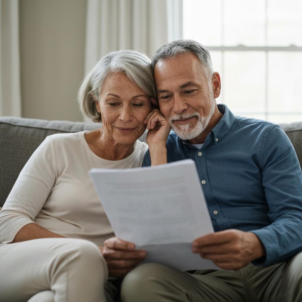 Your Home Sold Guaranteed Realty - Chris Schmidt Team:  Will Home Prices Go Up or Down in Houston Texas in 2026?  A mature, satisfied couple reviews a real estate contract in their Houston, Texas living room, feeling confident about 2026 home prices.