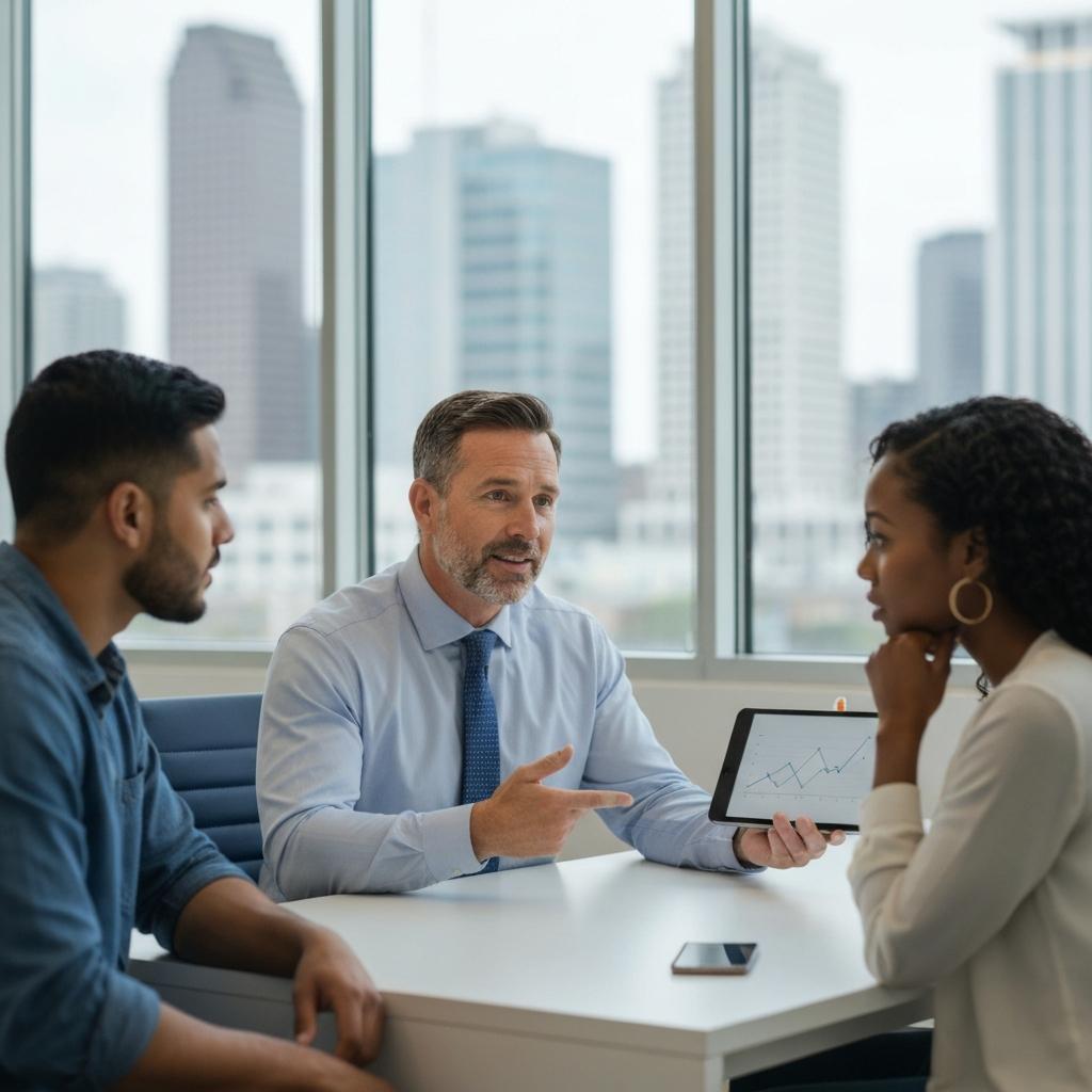 What Is the Forecast for Houston Mortgage Rates and Home Sales Volume in 2026? Knowledgeable real estate agent Chris Schmidt discussing the 2026 Houston mortgage rates forecast with a hopeful couple in his modern office.