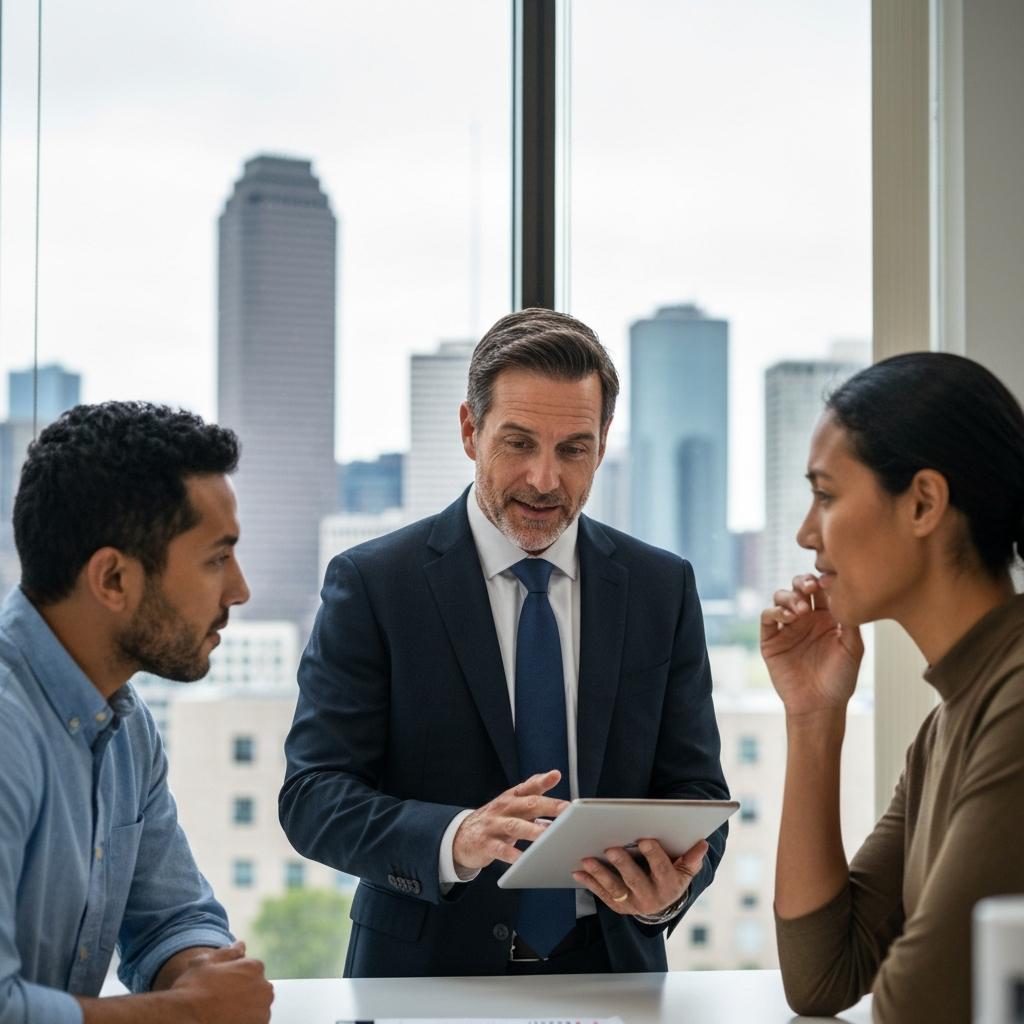 How the Houston Real Estate Market Has Changed in the Last Year - Professional real estate agent explains the changing Houston real estate market on a tablet to an attentive couple in a modern downtown office.