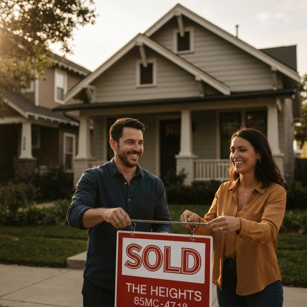 Your Home Sold Guaranteed Realty - Chris Schmidt Team:  How Long Does It Take to Sell a House in Houston? Happy couple placing a 'Sold' sign in front of their modern Houston home, illustrating how long it takes to sell a house in Houston successfully.