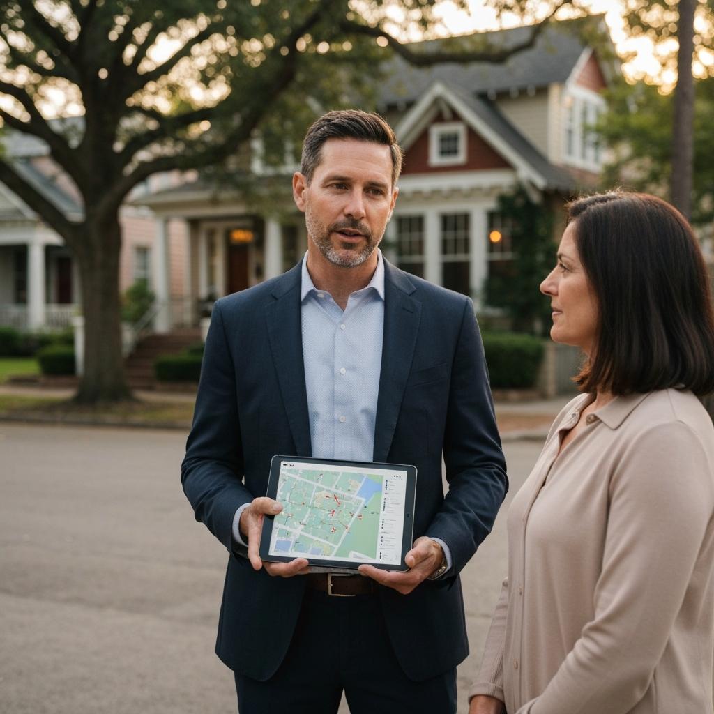 How Do You Find Comps in Your Area? Experienced Houston real estate agent shows a female client how to find comps in your area on a tablet on a beautiful street in The Heights.