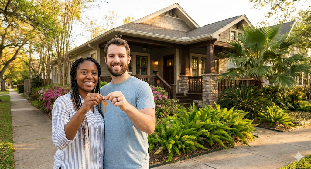 Your Home Sold Guaranteed Realty - Chris Schmidt Team - What Happens If You Don't Put 20% Down on a House in Houston?   Happy couple holding keys in front of their new Houston home, purchased with a low down payment mortgage option.