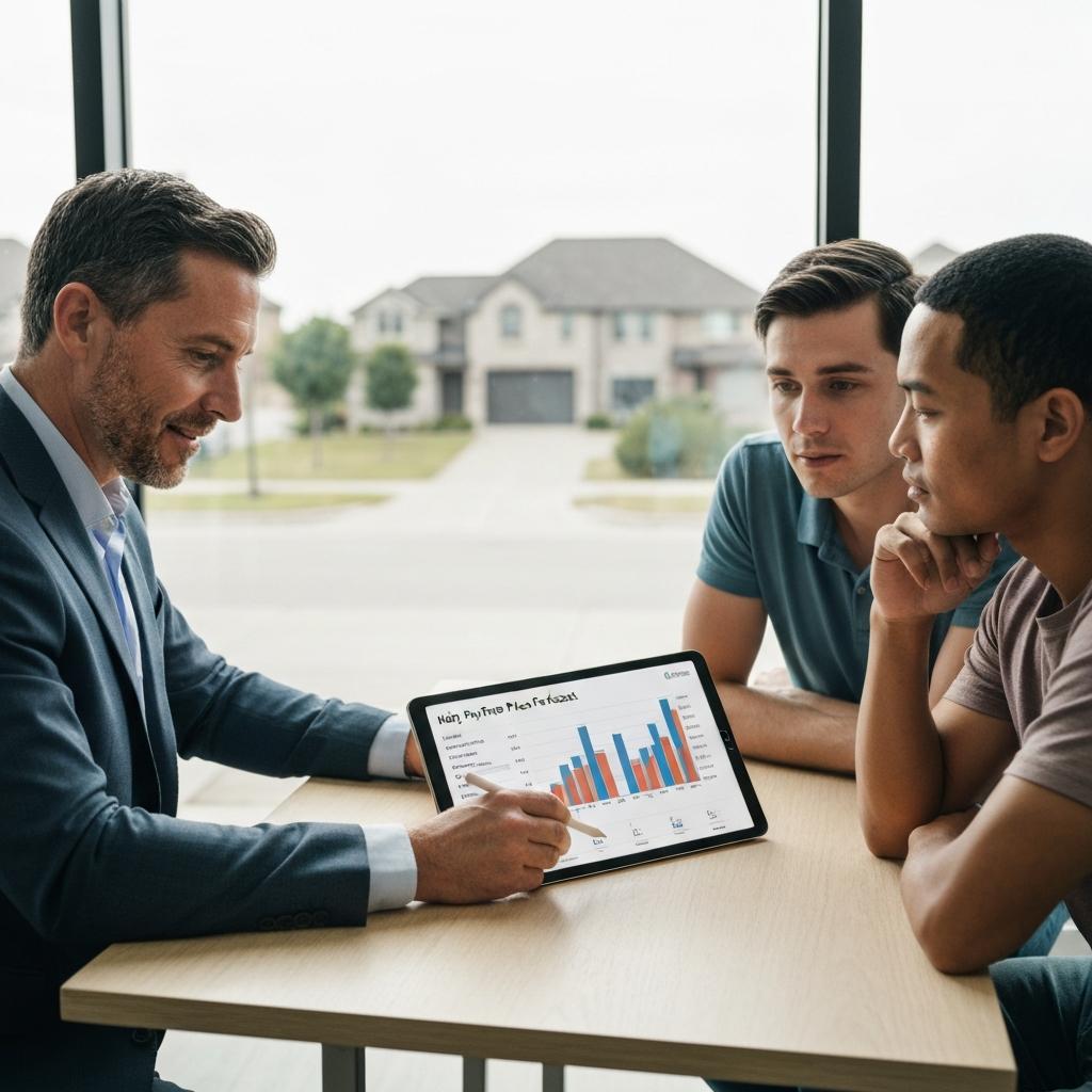 Your Home Sold Guaranteed Realty - Chris Schmidt Team: Will Home Prices Go Up or Down in Katy Texas in 2026?    A knowledgeable real estate agent explains the 2026 Katy Texas home price forecast to a young couple using a tablet in a modern office.