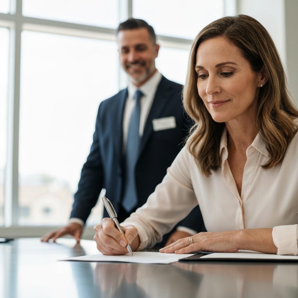 What Is the Current Median Home Sale Price in Houston? Confident female homebuyer signing closing documents, finalizing the median home sale price on her new property in a modern Houston title office.