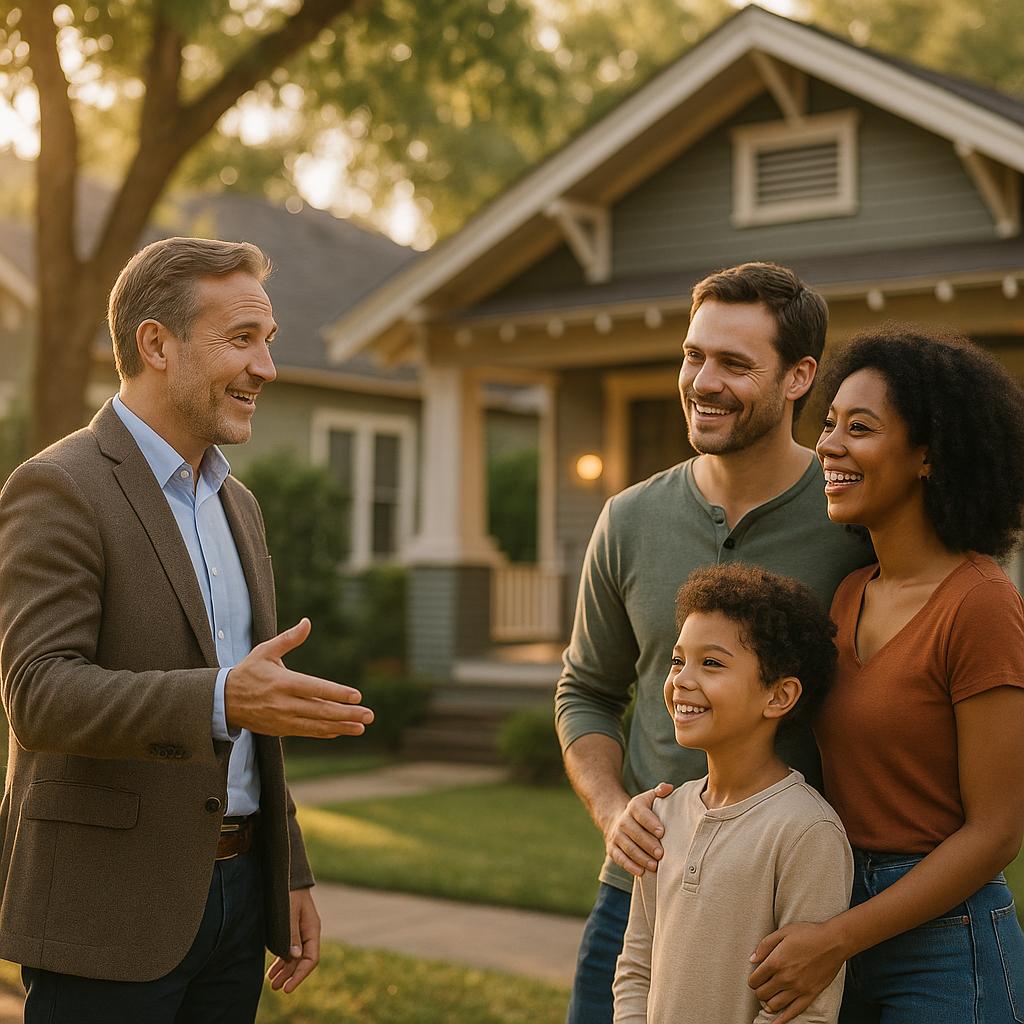 What Are the Average Property Prices in Greater Heights? Knowledgeable Houston real estate agent discusses average property prices in Greater Heights with a young family in front of a classic bungalow.