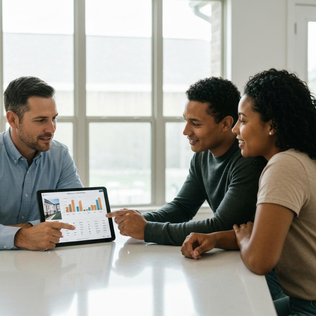 Professional real estate agent reviews a home's sale history on a tablet with an attentive couple in a bright, modern kitchen in Houston.
