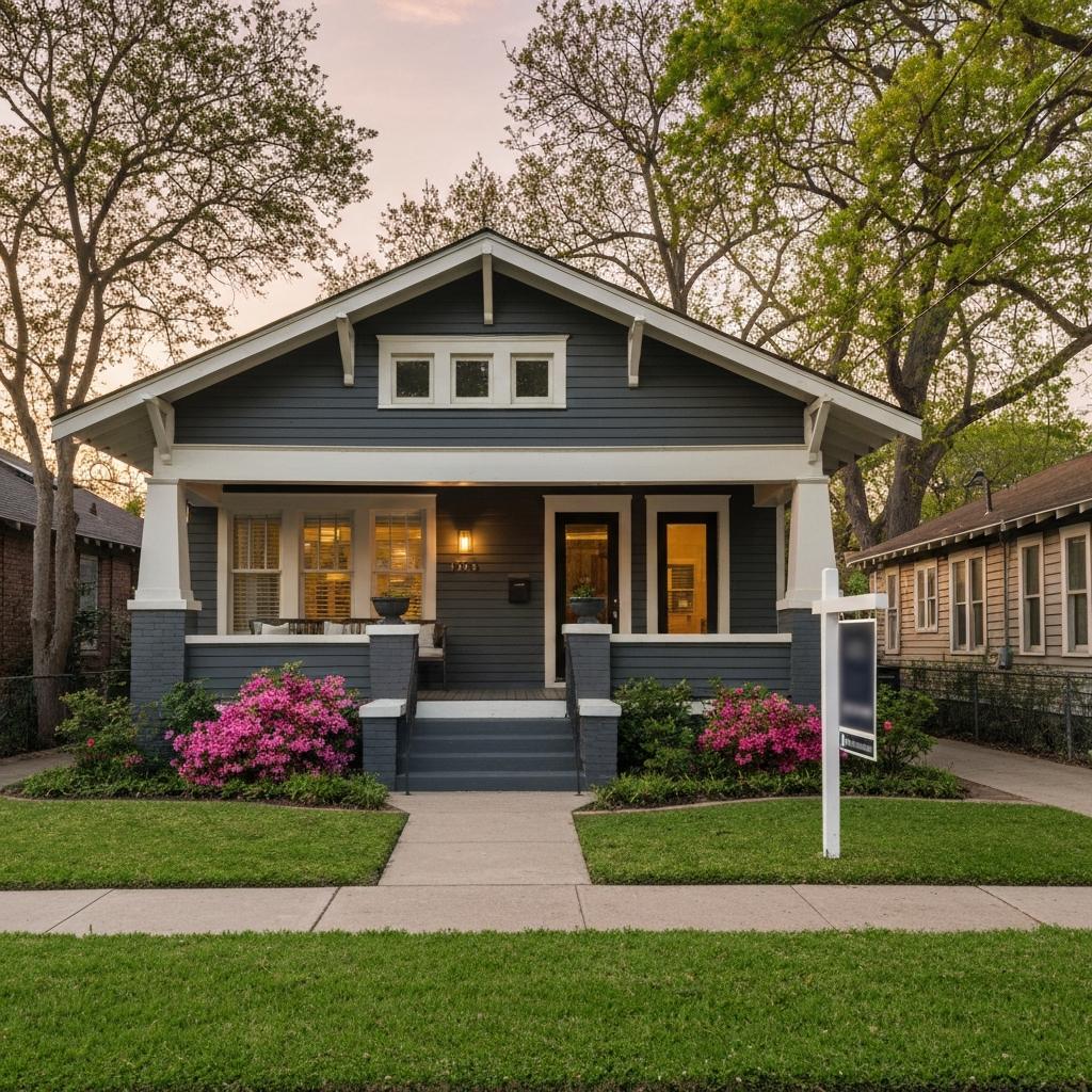 What Month Do Most Houses Sell in Houston Heights? Beautifully restored Houston Heights bungalow with a lush green lawn and blooming flowers, listed for sale during the peak spring real estate season.