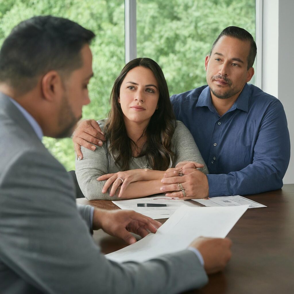 Your Home Sold Guaranteed Realty - Chris Schmidt Team: How to Speed Up the Short Sale Process in Houston, TX?  Relieved Hispanic couple discussing how to speed up the short sale process with their real estate agent in a modern Houston, TX office.