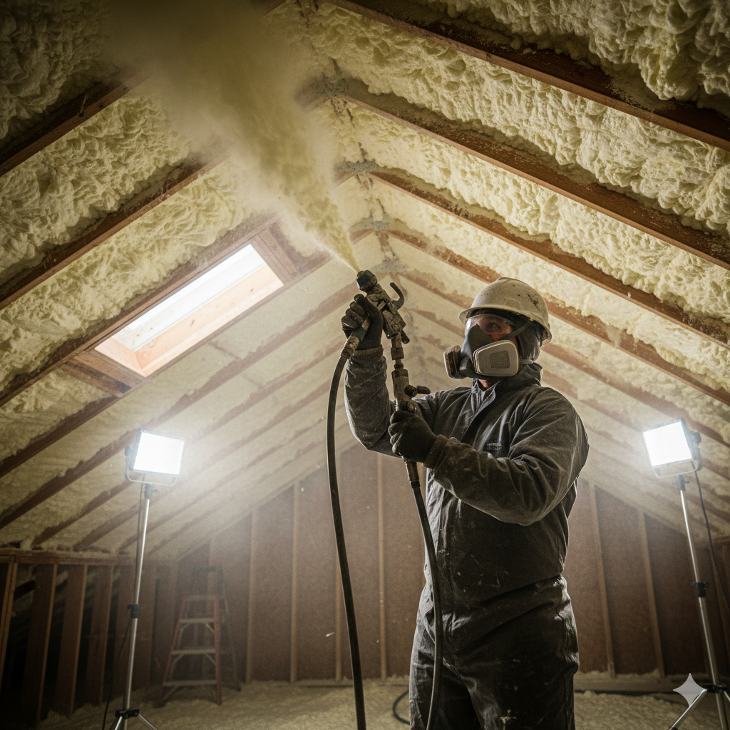 Which New Build Energy Efficiency Features Provide the Greatest Savings in Houston?
Installer applying spray foam insulation in a new build Houston attic, a key feature for maximizing home energy efficiency.
