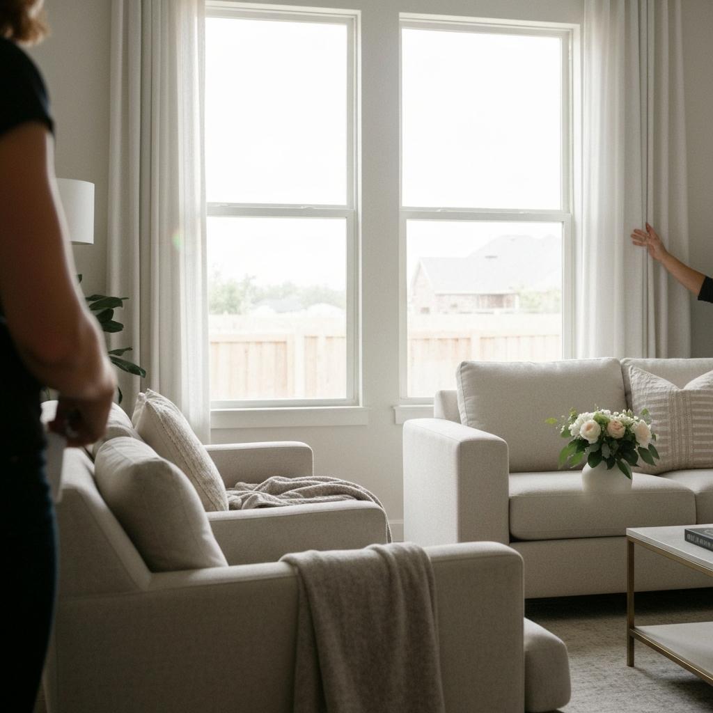 How Many Showings Before an Offer on Your Home? Pristine, beautifully staged living room ready for a home showing, with bright natural light from large windows in a modern Houston, TX home.