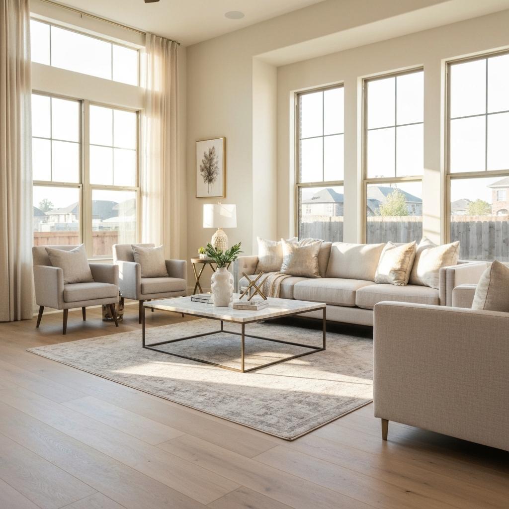 Bright and airy staged living room showcasing the cost and value of professional home staging for a luxury property in Houston, Texas.