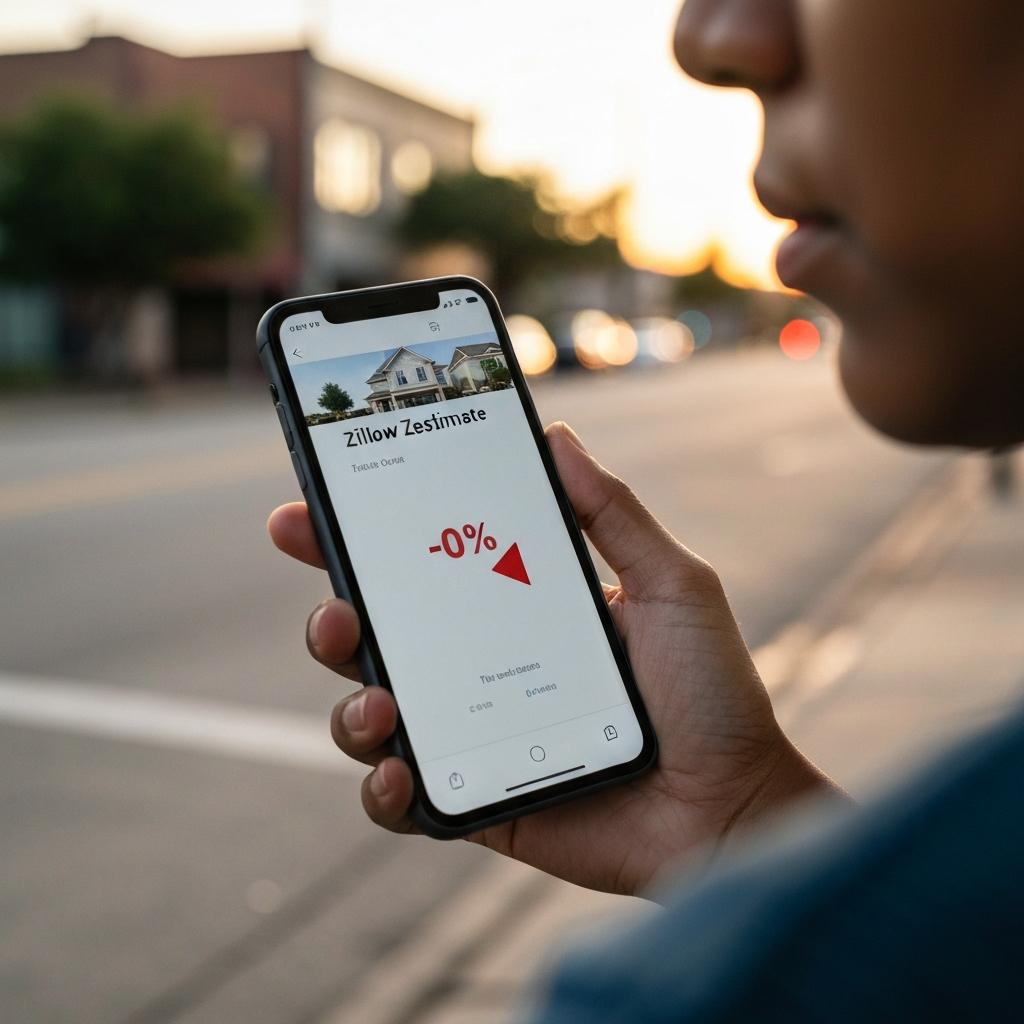 Why Did Zillow Drop Your House Value in Houston? (2026 Market Analysis) Pensive Houston homeowner's hand holding a smartphone showing a dropping Zillow Zestimate, questioning why Zillow dropped my house value.