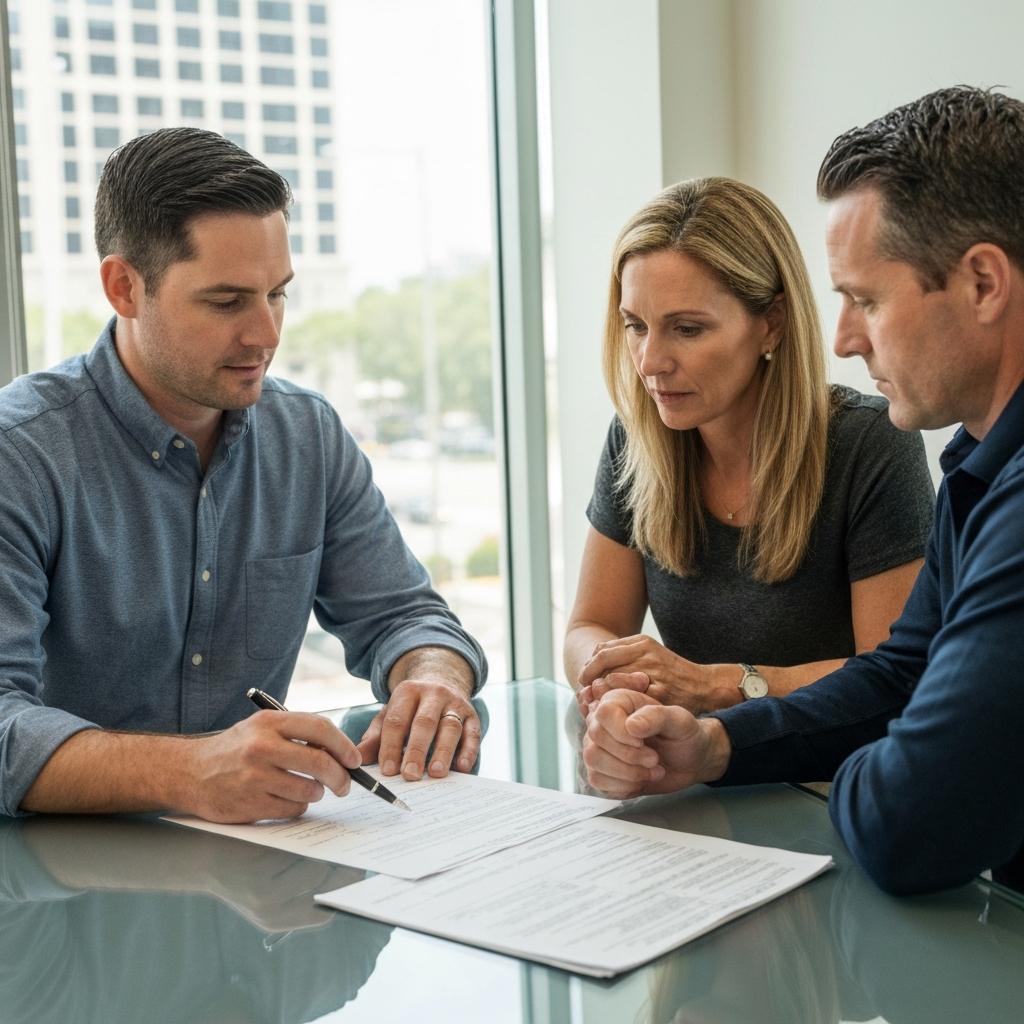 Can You Use Zillow to Find Comps in Houston? Knowledgeable Houston real estate expert explaining complex MUD tax details from a property report to an attentive couple in a modern office.