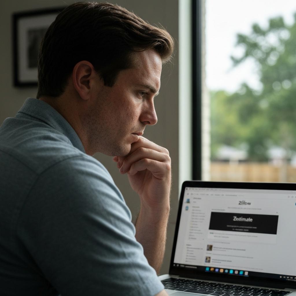 Can You Use Zillow to Find Comps in Houston? Thoughtful Houston homeowner analyzes Zillow comps and Zestimate data on a laptop in a modern home office, appearing concerned about its accuracy.